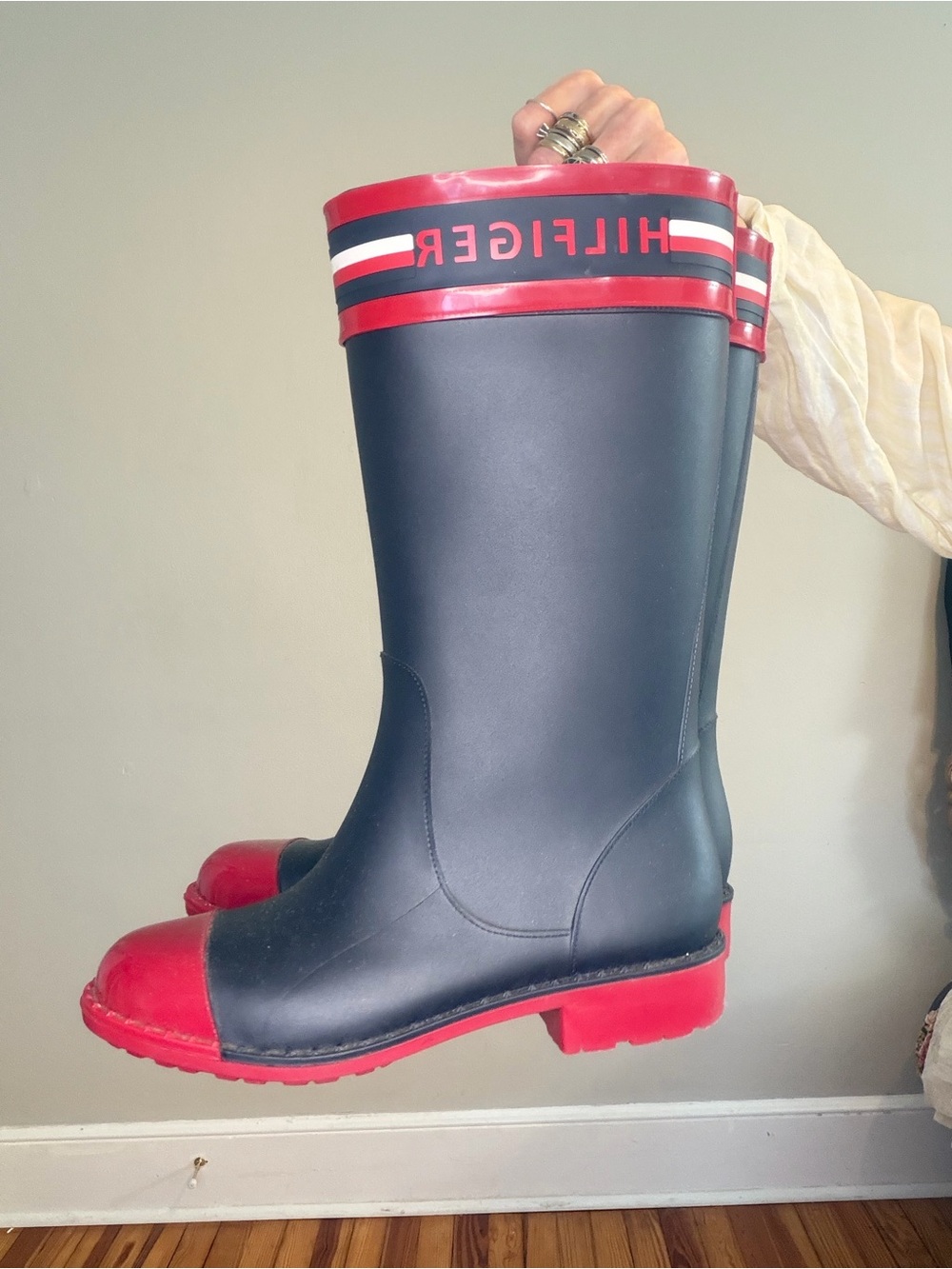 Tommy Hilfiger Navy and Red Rubber Rain Boots